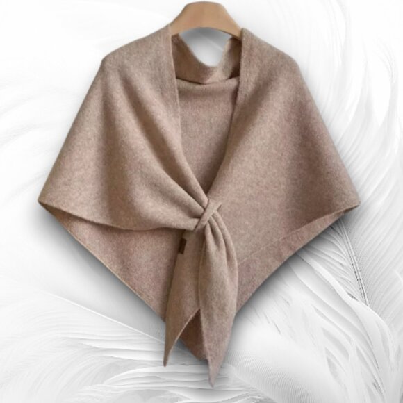 Soft Wool Blend Knit Shawl Wrap Scarf – Beige Neutral Poncho with Front Knot - Picture 2 of 5